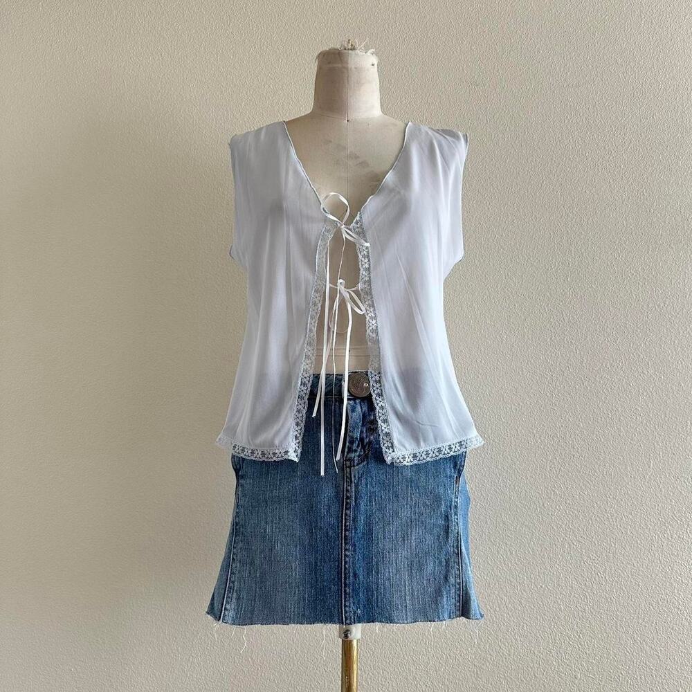 handmade light blue nylon lace trim sheer open front camisole top